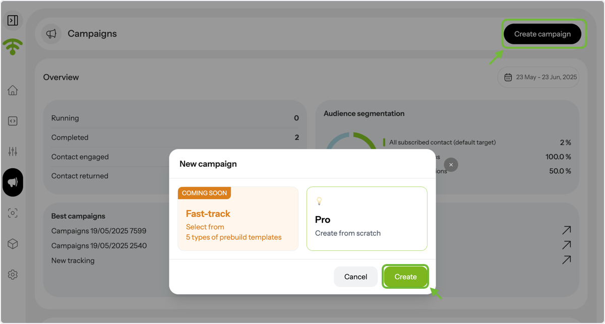 Click on Create campaign on upper rifght corner and select create from the opo up box.