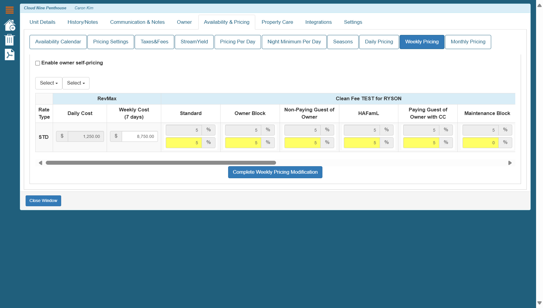 On this page, you'll find the Season Period along with the corresponding Weekly Cost and Daily Cost configured for Weekly Pricing.