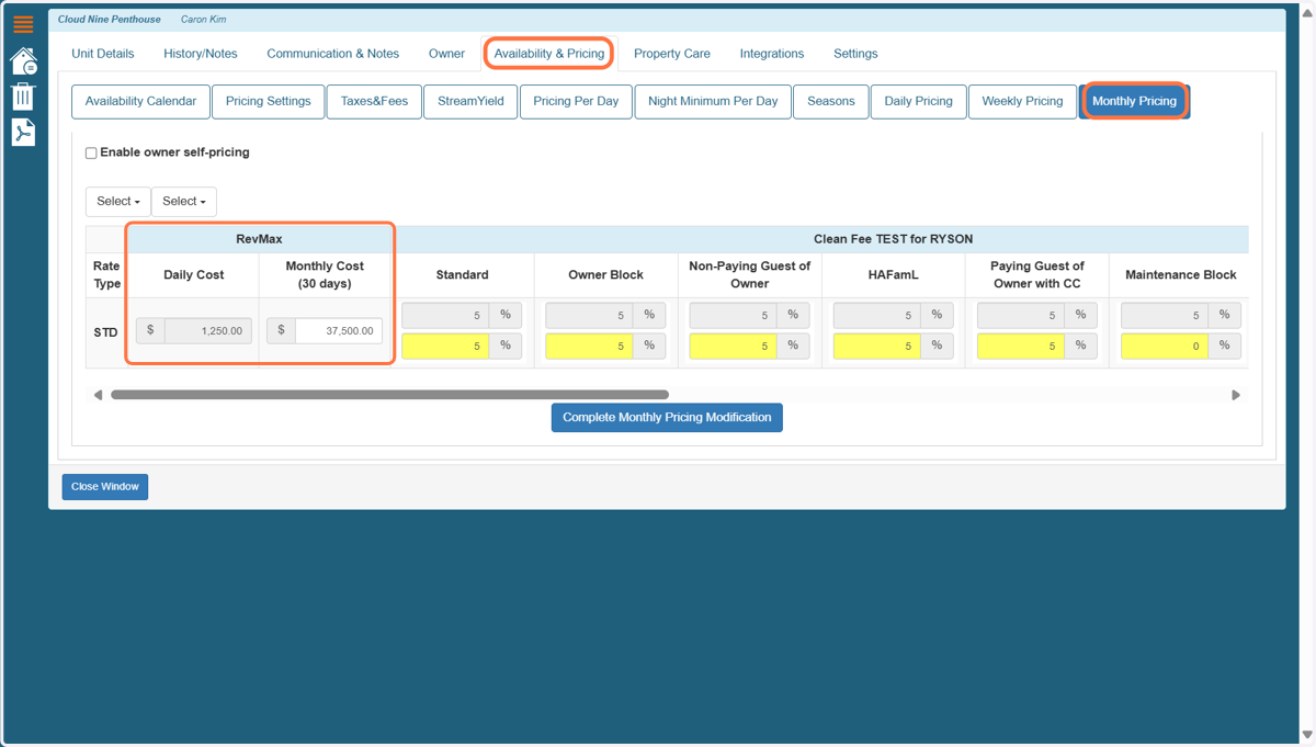 To check if Monthly Pricing is configured for a unit, navigate to the unit’s Settings in Streamline, then go to the Availability & Pricing tab and click on Monthly Pricing. Here, you’ll find both the Monthly and Daily cost associated with this pricin