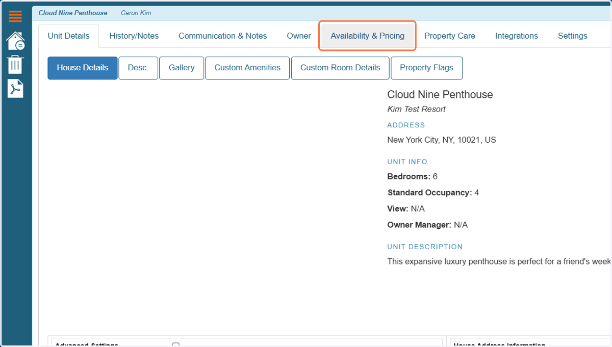 To verify if Weekly Pricing is configured for a unit, go to Streamline, open the unit’s Settings, and navigate to the Availability & Pricing tab.