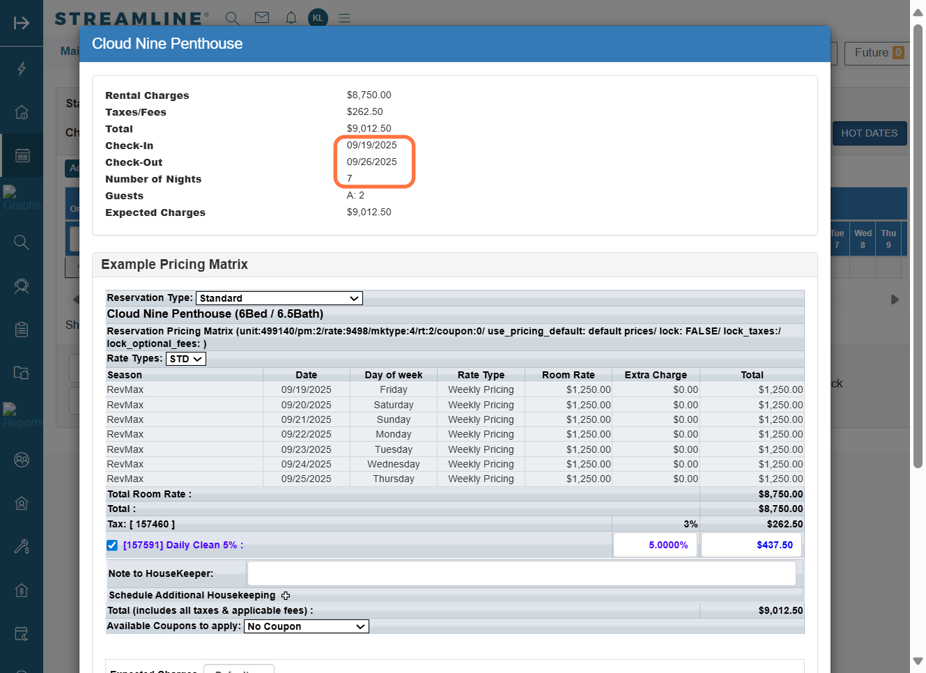 When testing a booking through the Reservation Tape Chart, you’ll notice that instead of applying Daily Pricing from RevMax and the Length of Stay (LOS) discount of 10%, the system uses the Weekly Pricing configuration.
