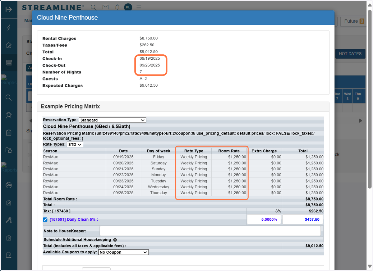 When testing a booking through the Reservation Tape Chart, you’ll notice that instead of applying Daily Pricing from RevMax and the Length of Stay (LOS) discount of 10%, the system uses the Weekly Pricing configuration.