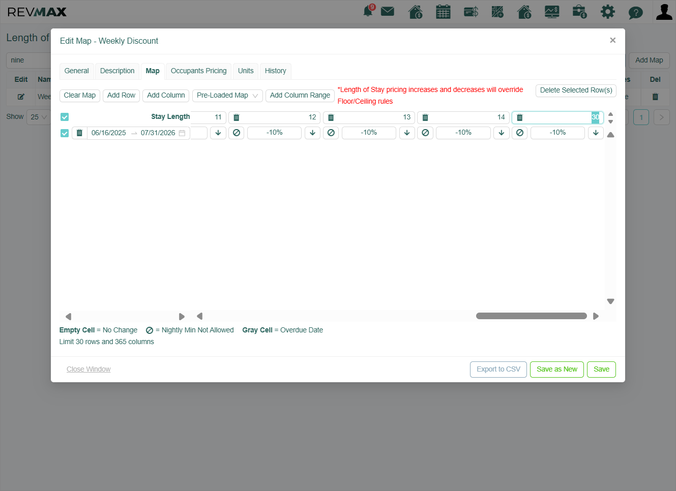 Let’s now check if the unit has Monthly Pricing configured, using the same unit as before. Start by navigating to the LOS Map. In this example, you’ll see that a 10% discount is applied for a minimum stay of 30 nights.