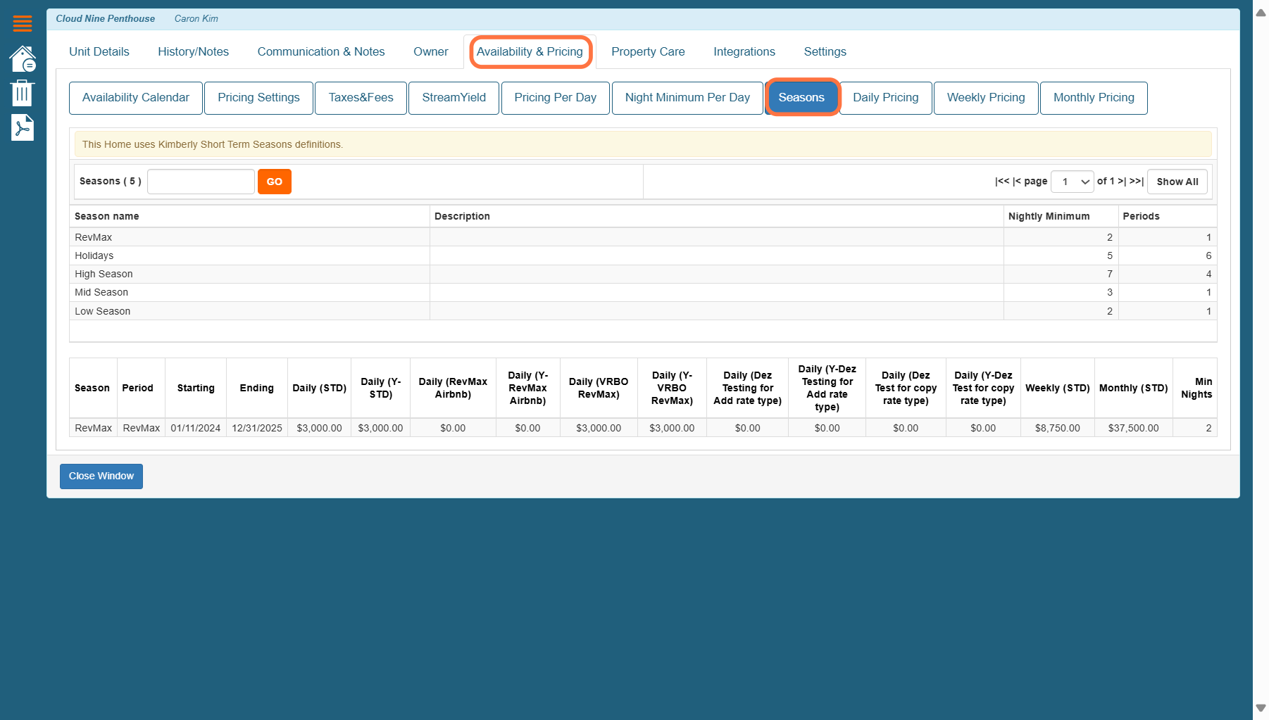 You can also view Weekly Pricing details in the Seasons tab, located on the same page.
