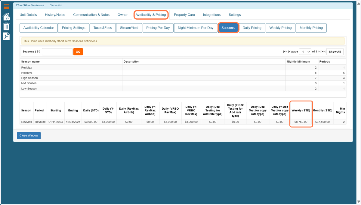 You can also view Weekly Pricing details in the Seasons tab, located on the same page.