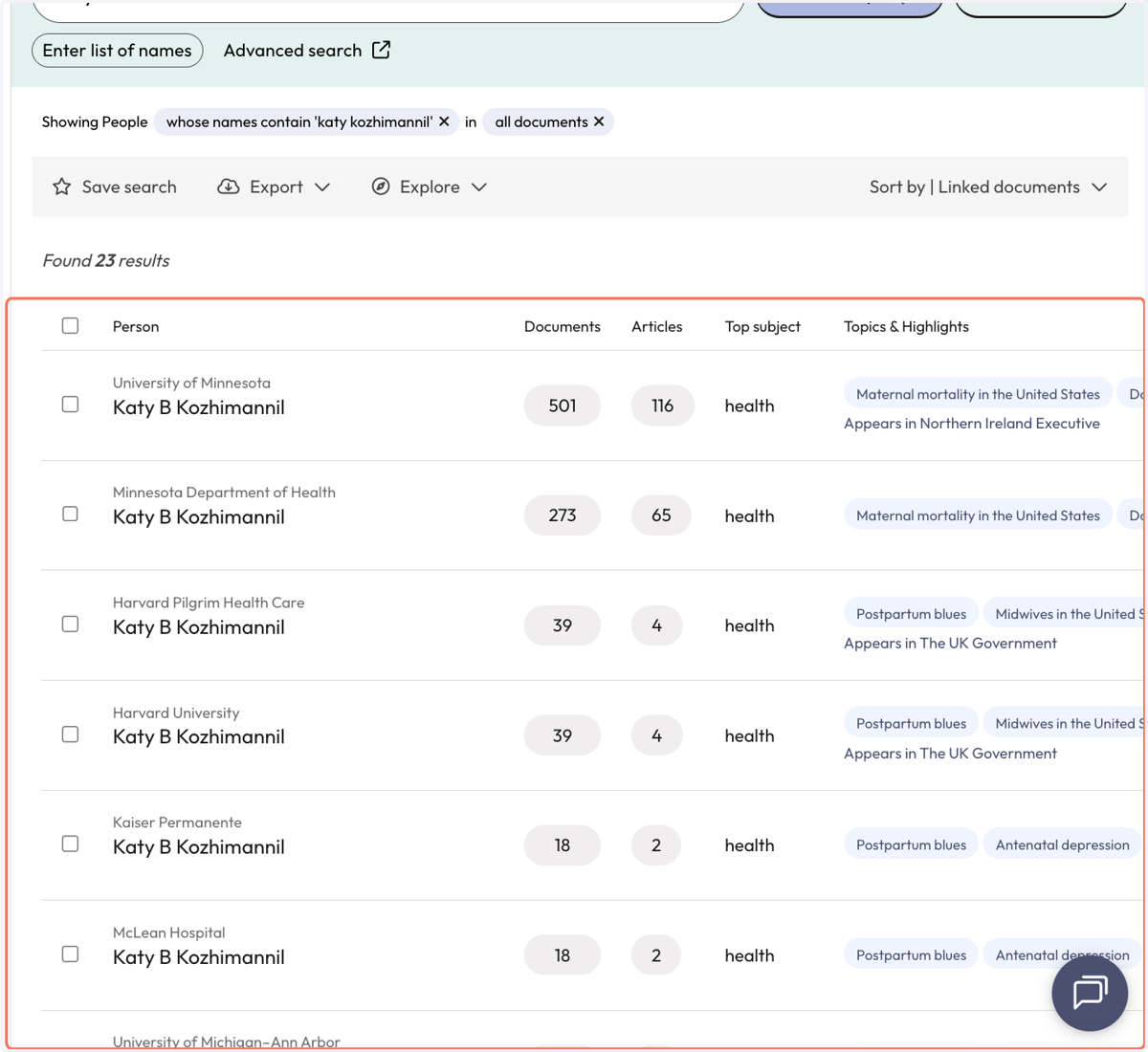 Each result entry includes a name and institutional affiliation pair. A person may have multiple results if they have been affiliated with multiple institutions.