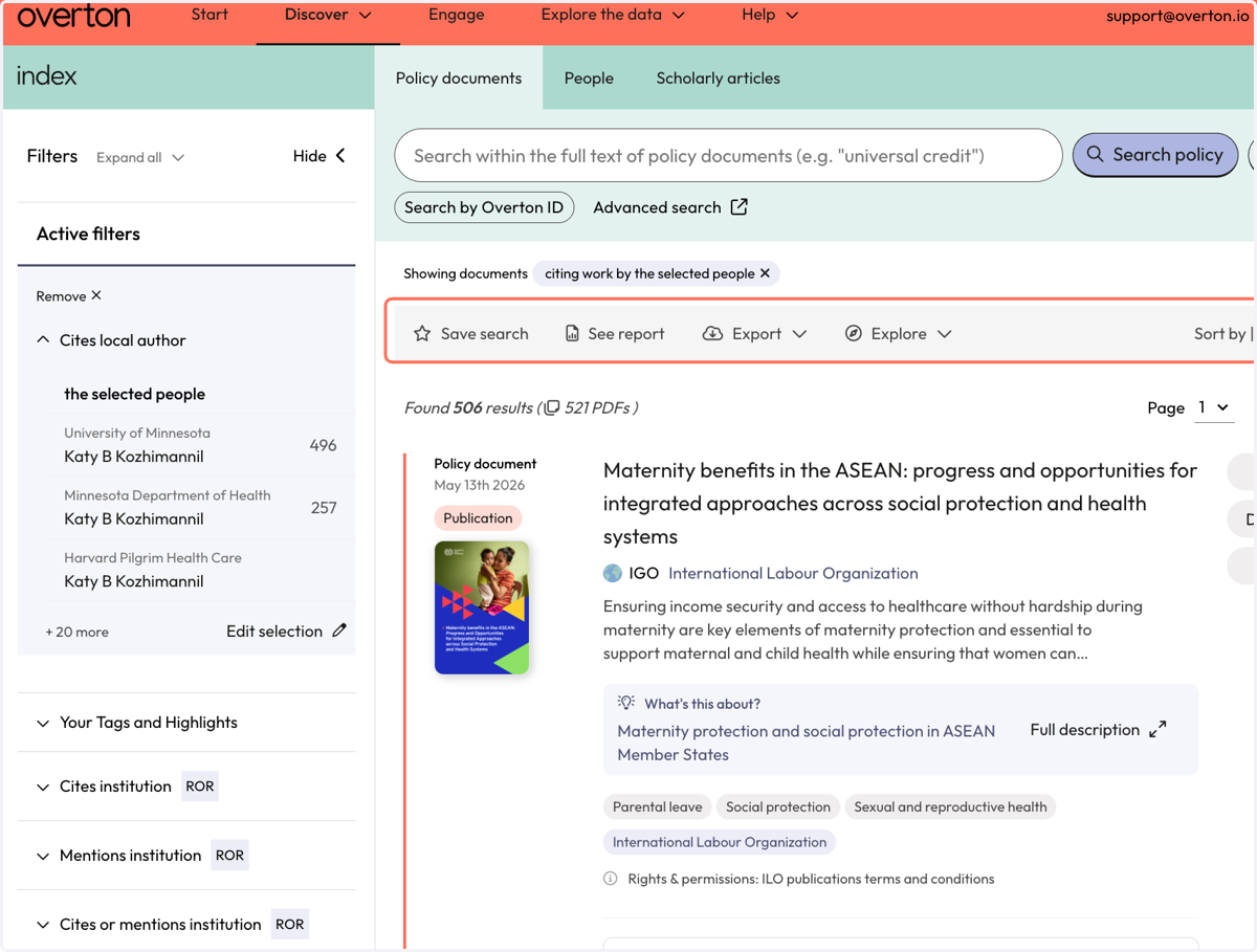 Use the action bar to save a search, generate a summary report, export or explore further.