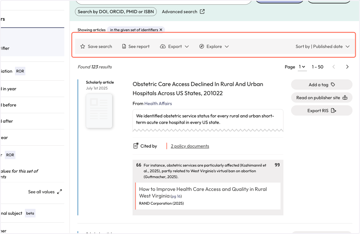 Use the action bar to save a search, generate a summary report, export or explore further