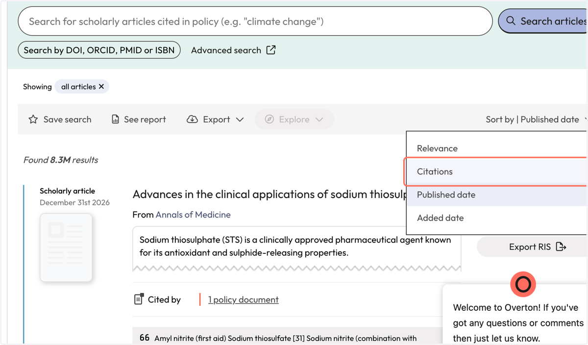 You can sort results by published date or by number of citations.