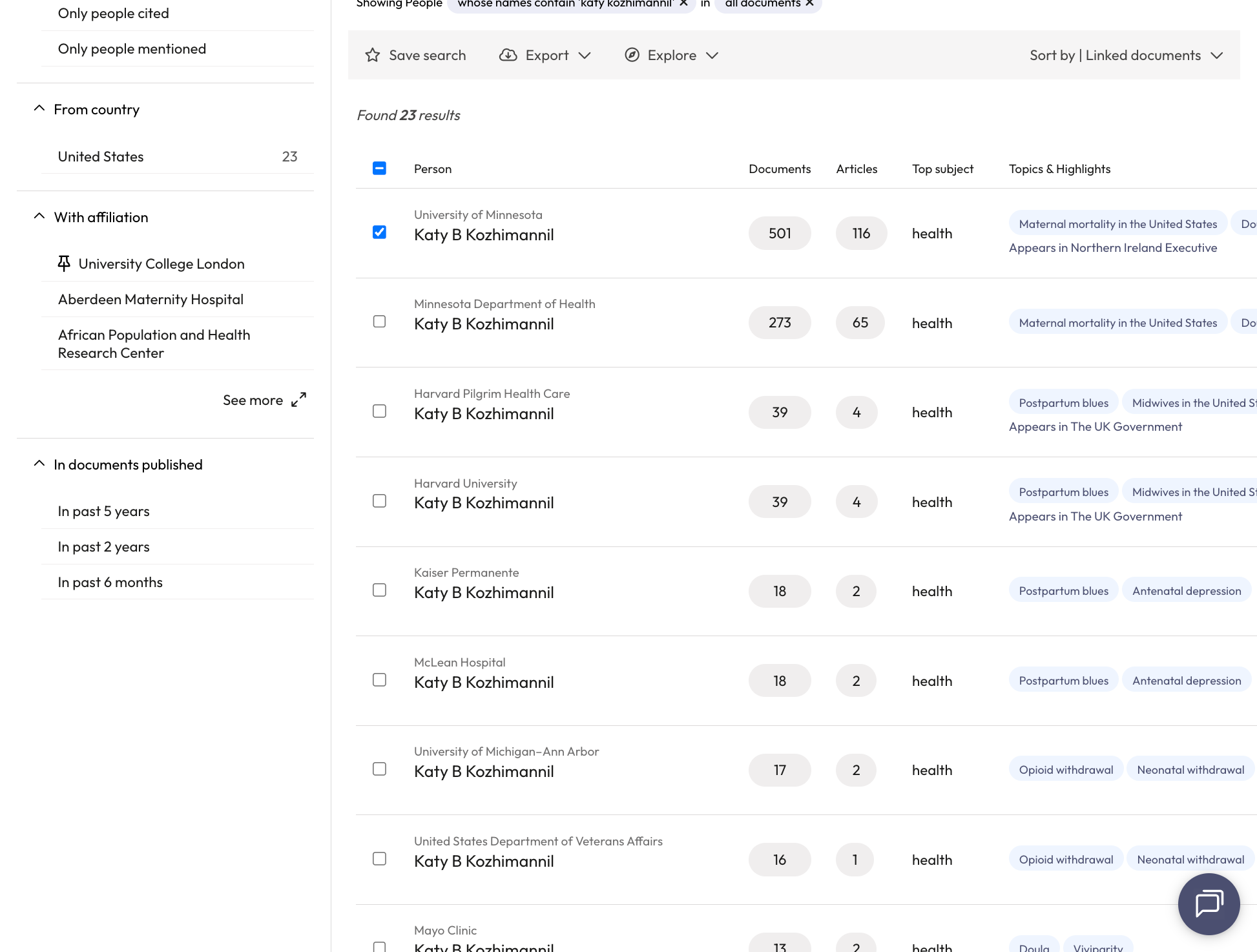 To select specific results, check the box beside the relevant name/affiliation pairs or 'select all' by clicking the check box at the top of the results list.