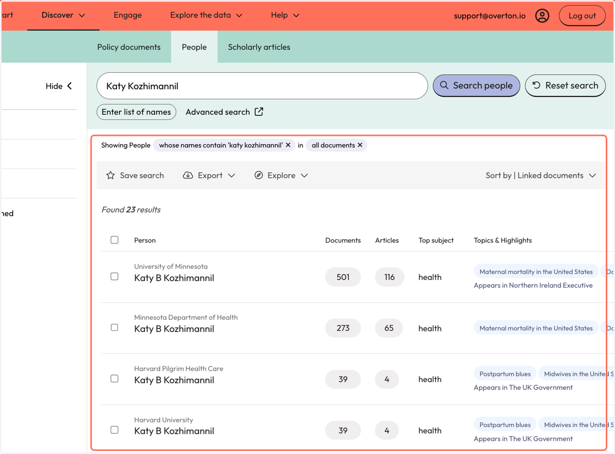 A result includes the number of citing policy documents and the number of cited articles. Both numbers are clickable links that take you to either the policy document or article results.