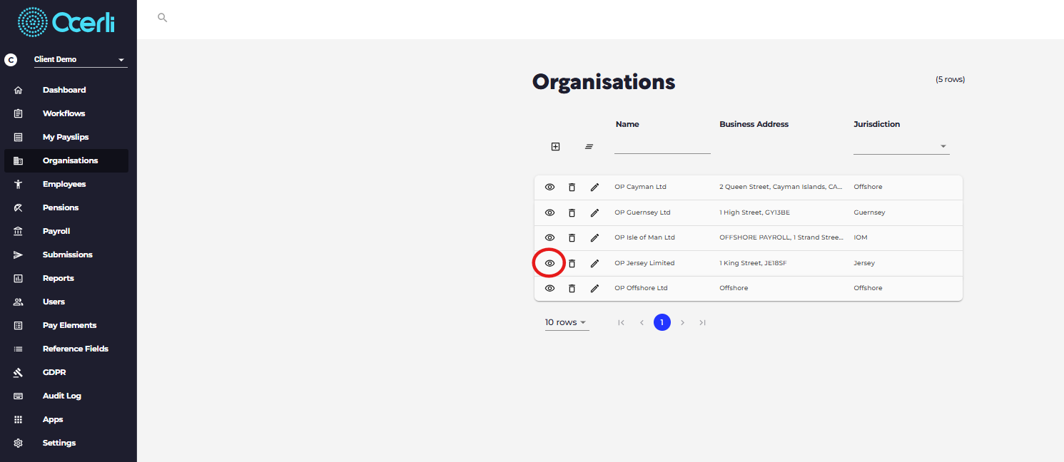 Click on the View icon next to your required organisation