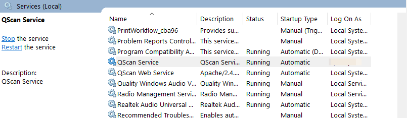 Then click OK, and stop and start QScan Service and QScan web service. You should now see that the selected user is running QScan service.