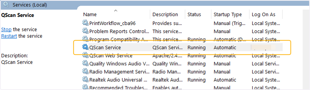 Then click OK, and stop and start QScan Service and QScan web service. You should now see that the selected user is running QScan service.