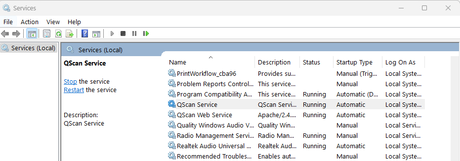 Open Windows Services by typing services in the search box in the task bar. Find QScan Service.