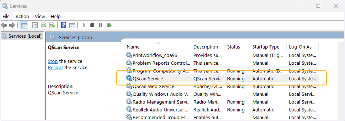 Open Windows Services by typing services in the search box in the task bar. Find QScan Service.