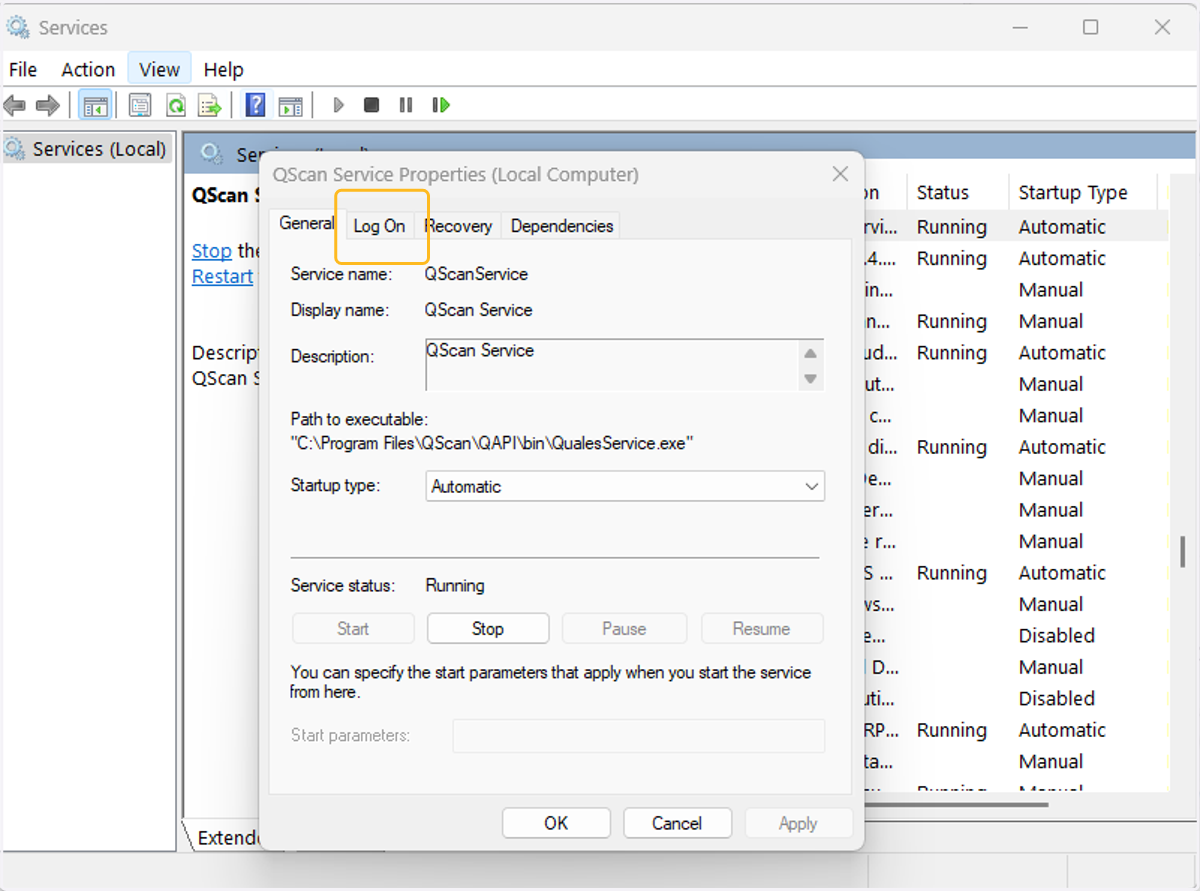 Select the Log On tab.