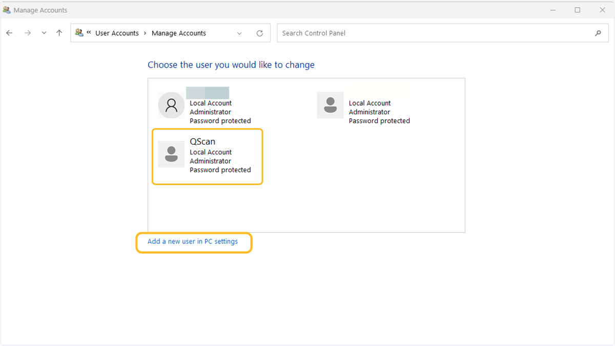 Create a new Windows user in the machine where QScan is running and provide administrator privileges to that user.