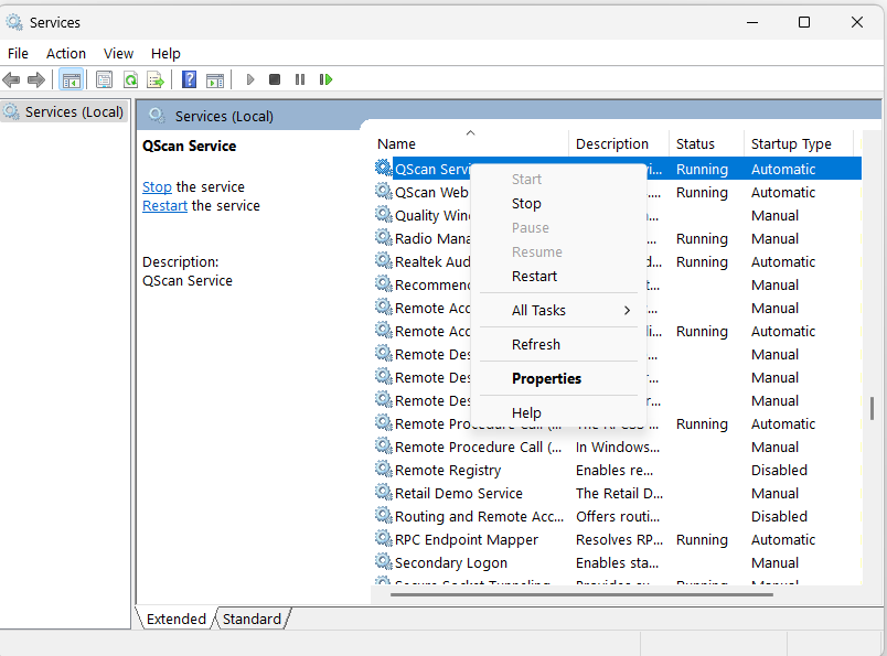 When QScan service is selected, right click and open the properties.