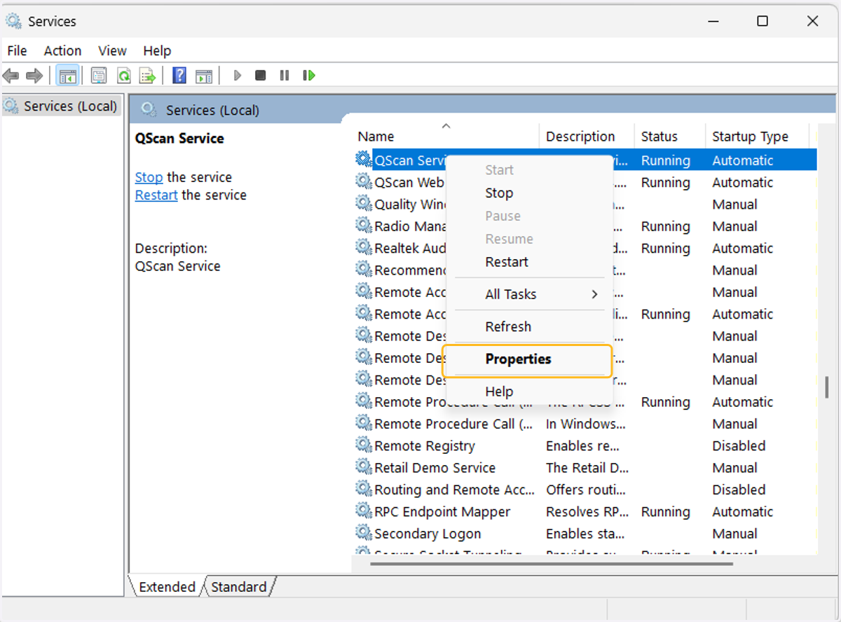 When QScan service is selected, right click and open the properties.