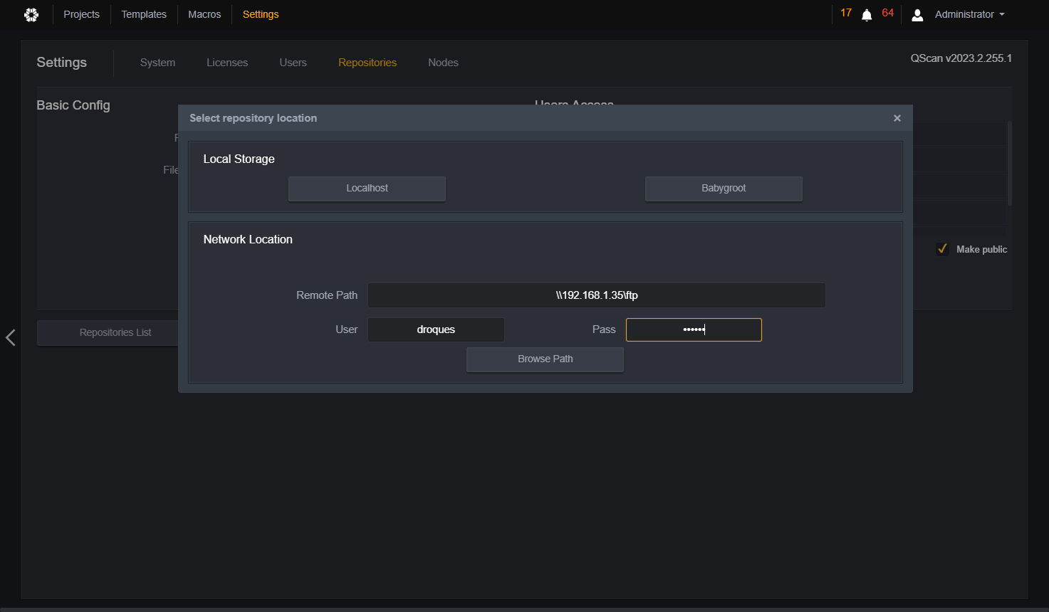 Type the password for the user with access permissions to network share.