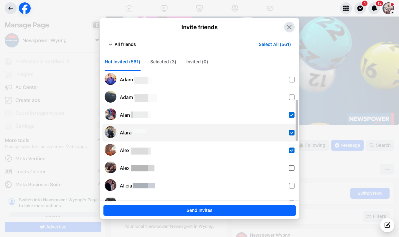 Select the friends you want to invite to like your page
