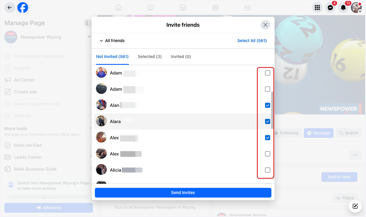 Select the friends you want to invite to like your page