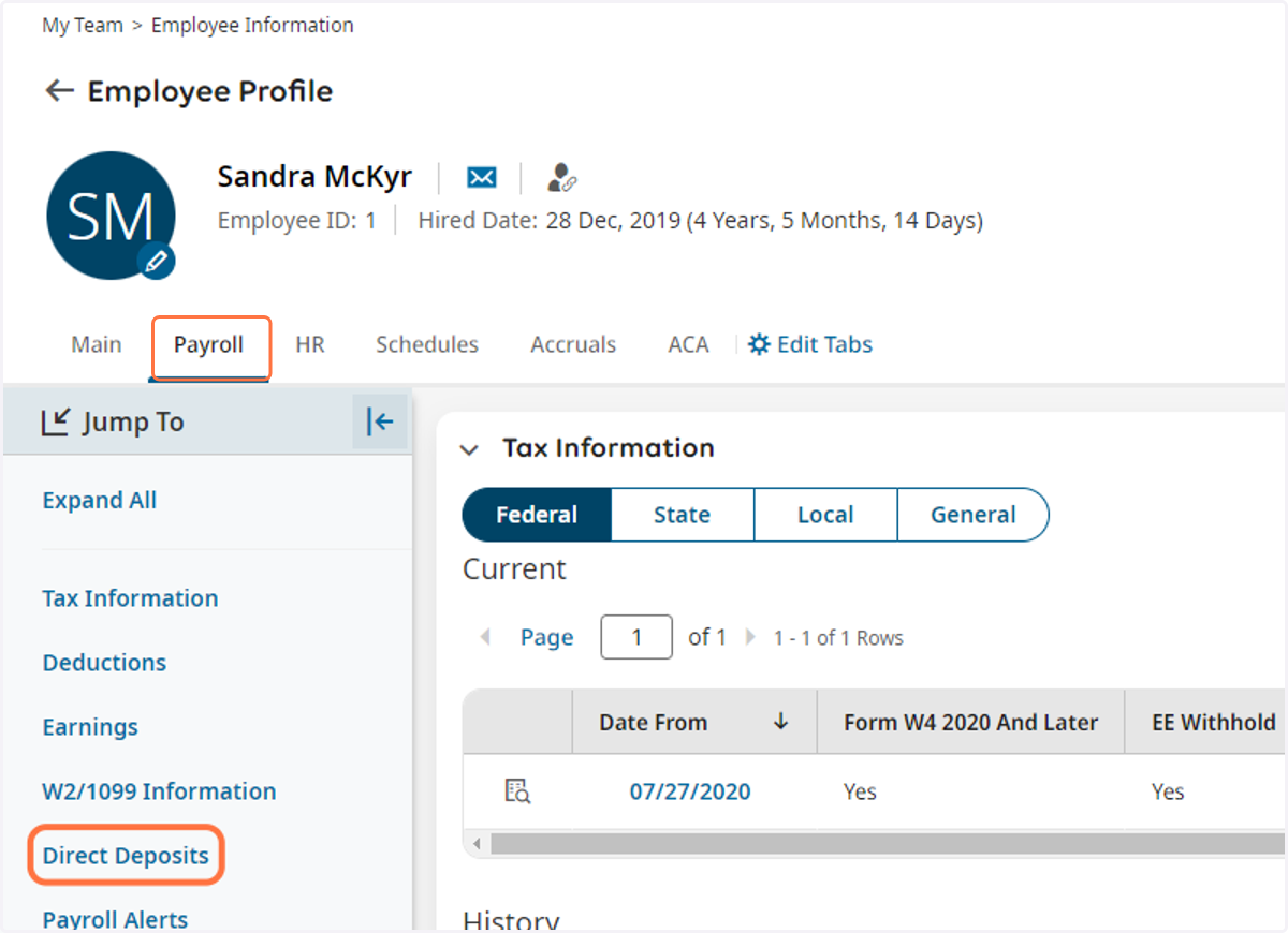 Now that you have hired the employee you can add the direct deposit information for the new employee. Click on Payroll and use the jump to menu to select direct deposits.