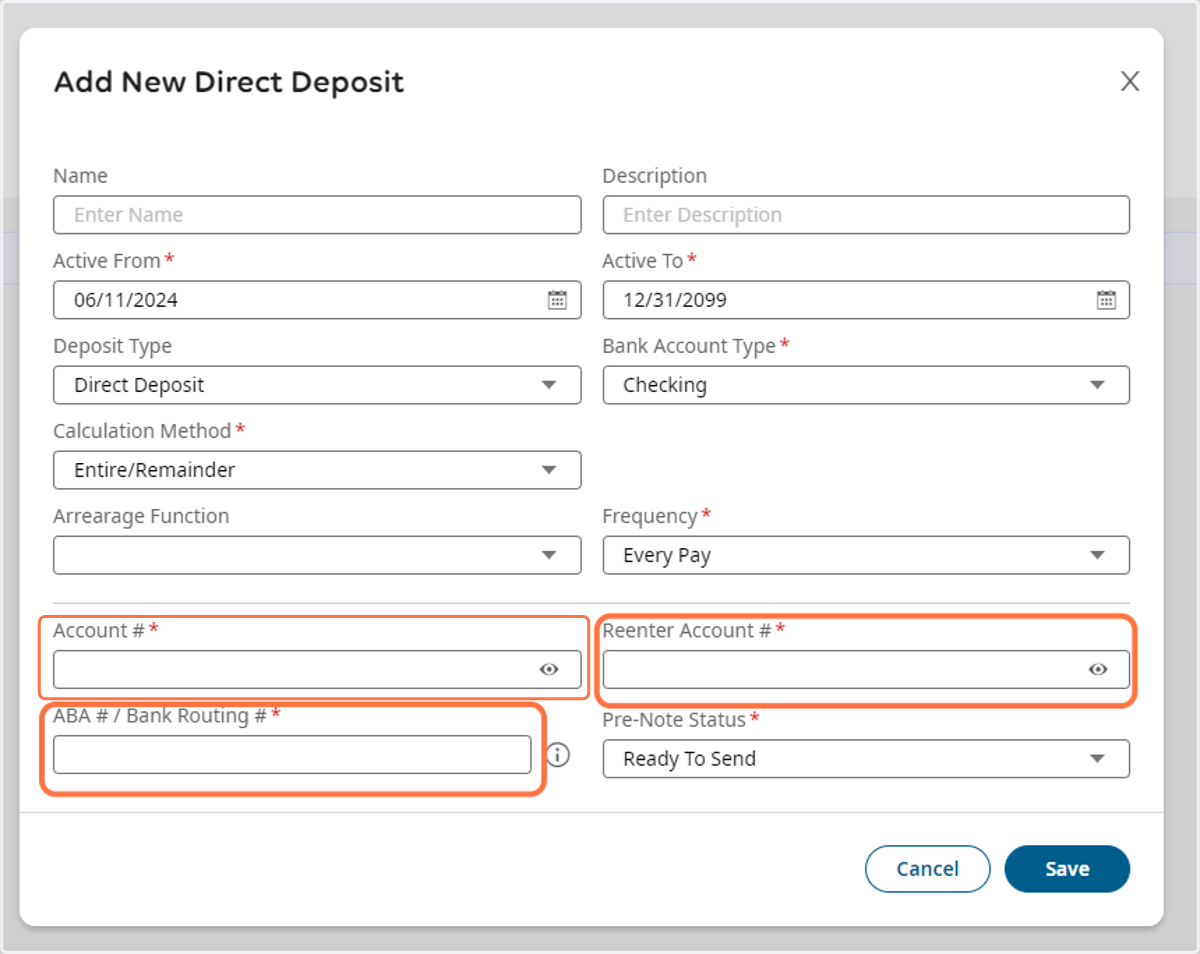 Next add the active from date (start date) and the account information in the required fields and hit save.
