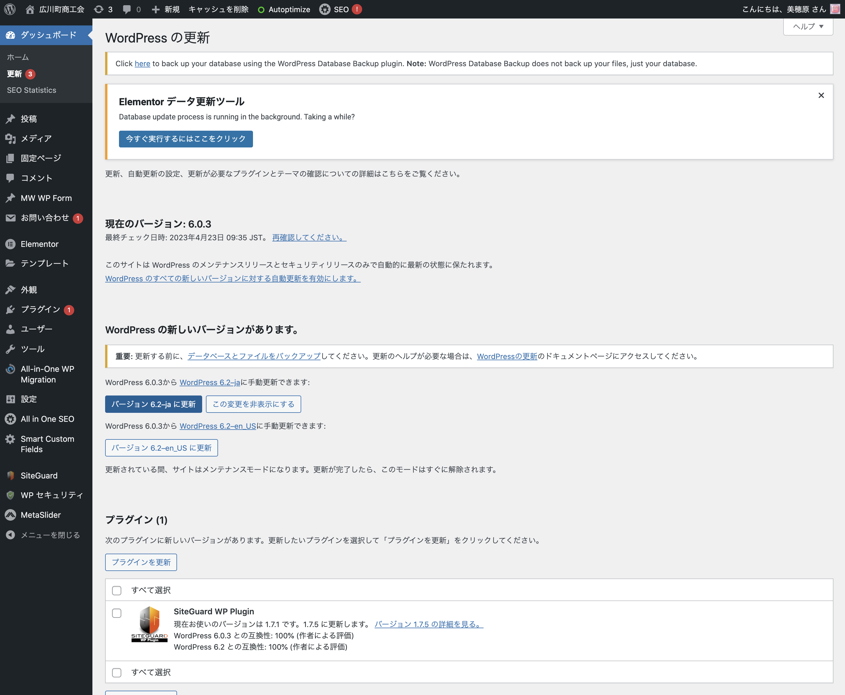 更新ボタンでWordPressのバージョンアップをします。