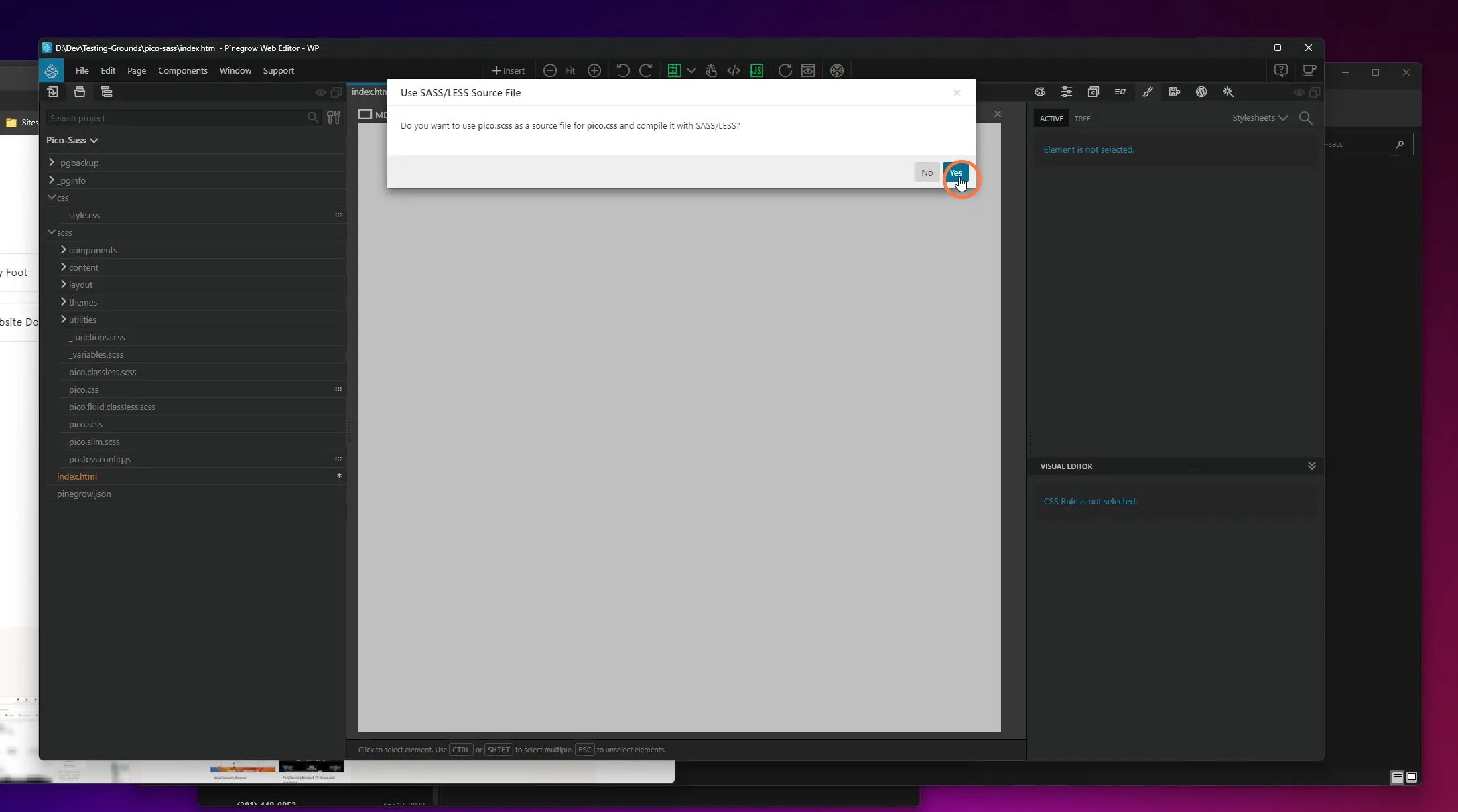 Pinegrow will recognize that there is a Sass file with the same name and ask if you want to compile your Sass into this CSS file. Select yes.