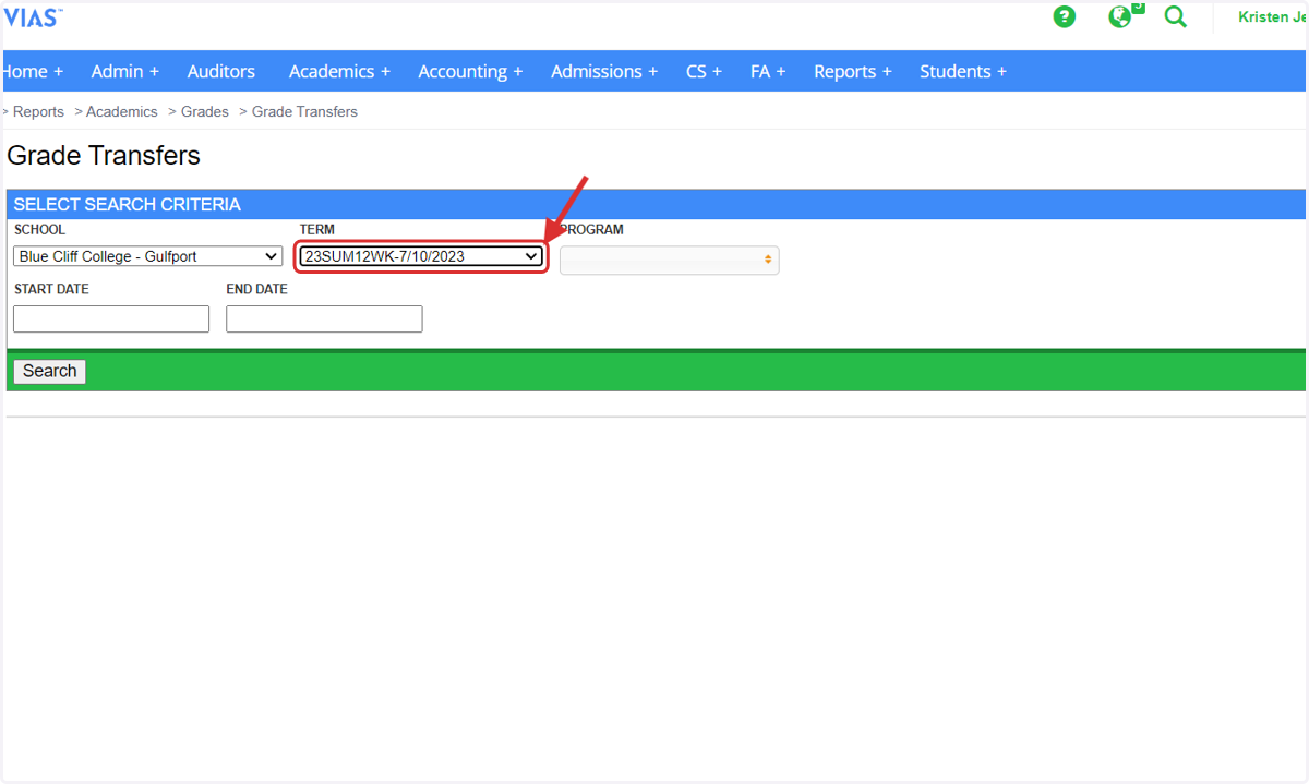 You can search grade transfers by term or by date range.