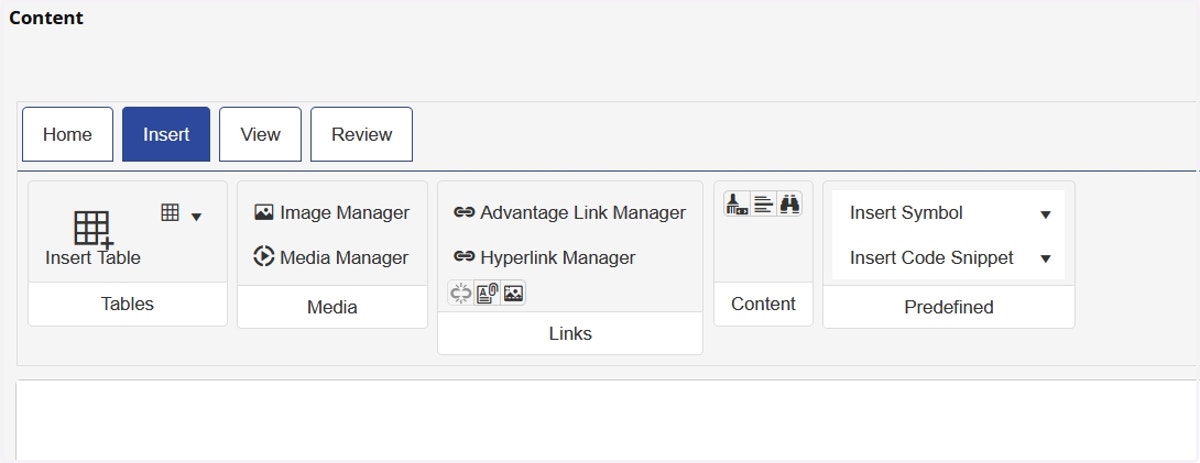 Insert tab - allows you to add tables, images, videos, links and code snippets