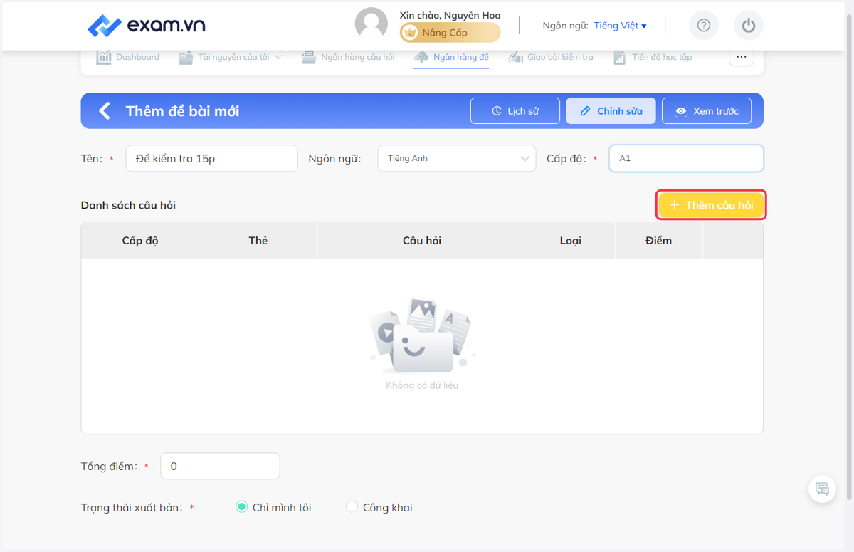 Nhấn vào "Thêm câu hỏi"