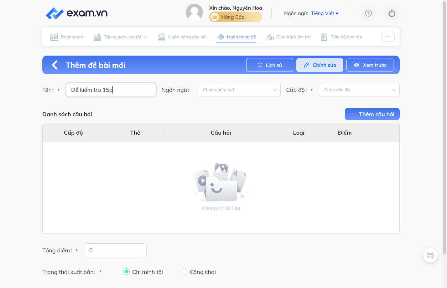Nhập đầy đủ tên bài kiểm tra vào ô "Tên"