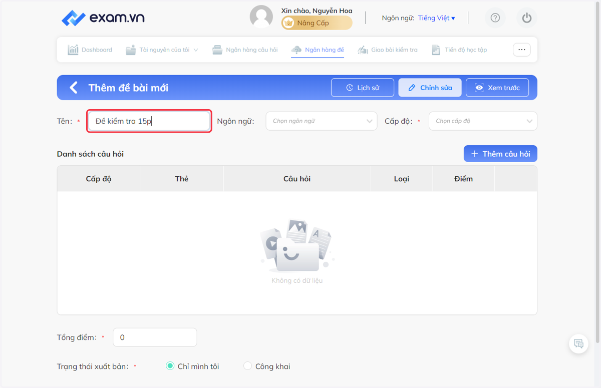 Nhập đầy đủ tên bài kiểm tra vào ô "Tên"