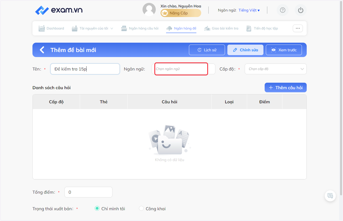 Nhấn chọn "Ngôn ngữ"