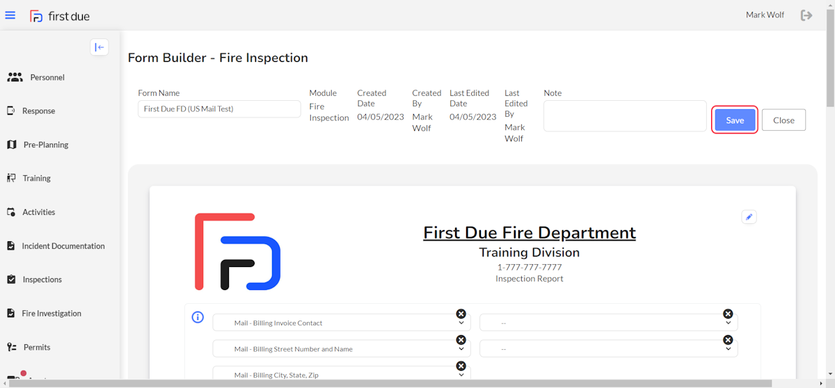 Click on Save to save the update Inspection Form