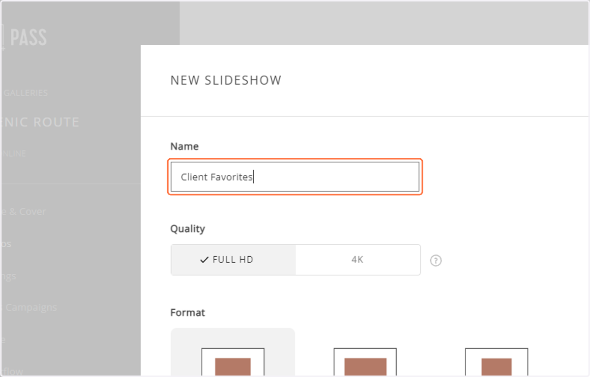 Name your slideshow then select the quality and format, and click Continue.