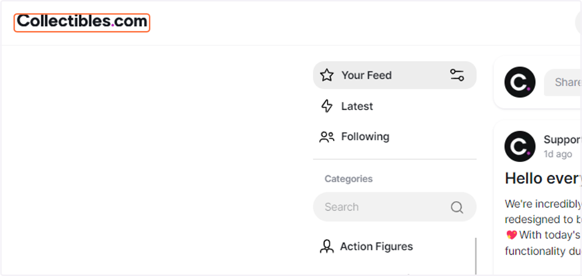 Click on Collectibles.com logo to go to the feed page.