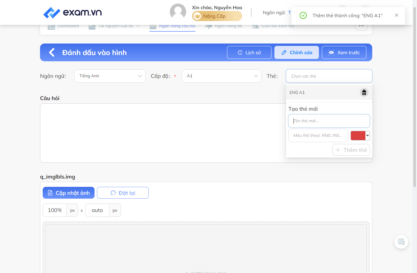 Nhấn chọn thẻ đã tạo