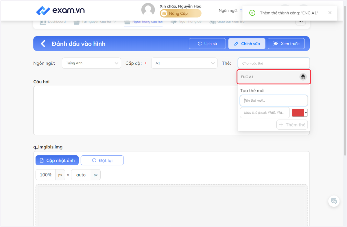 Nhấn chọn thẻ đã tạo