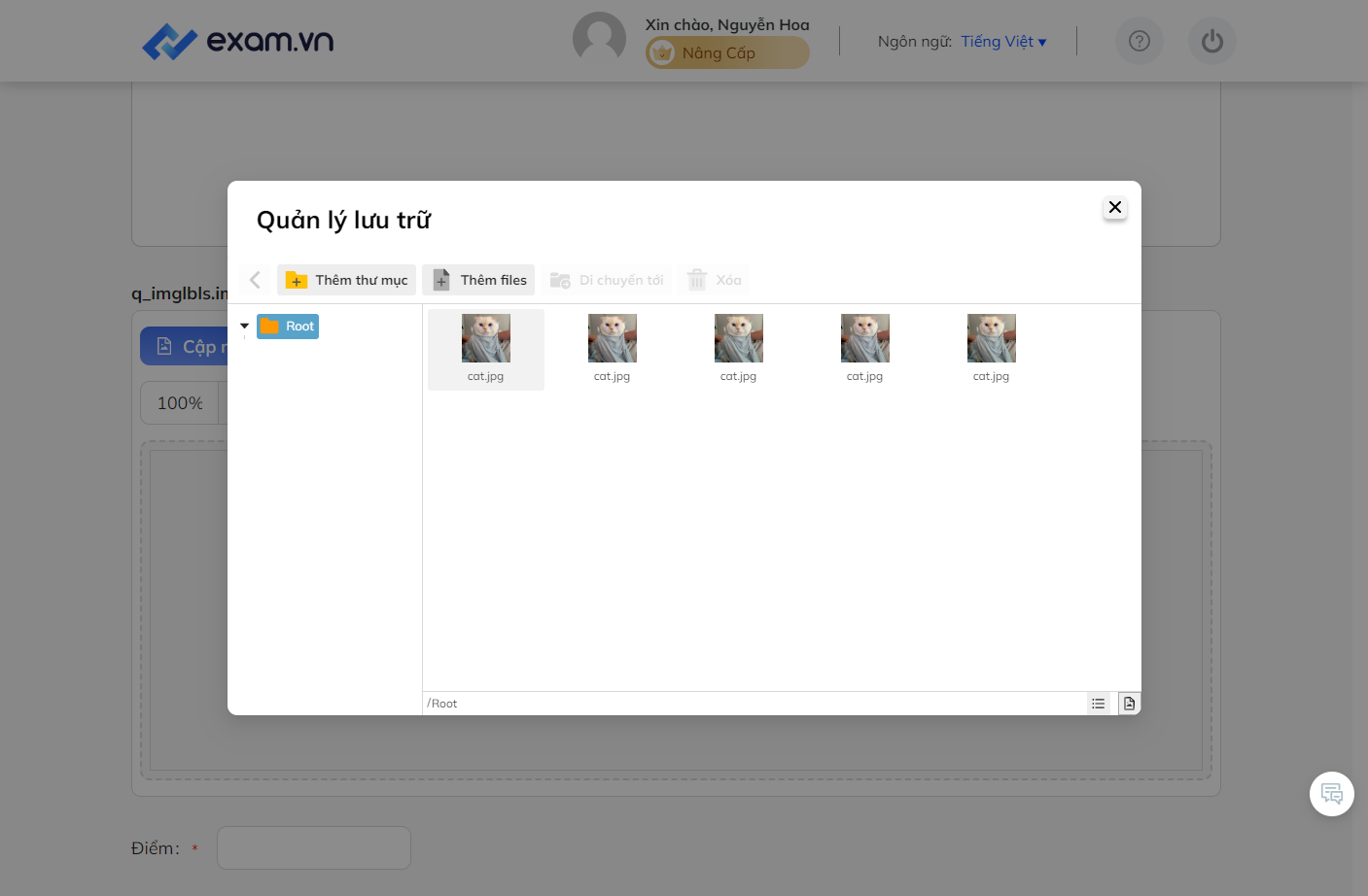 Tại "Quản lý lưu trữ" chọn "Thêm thư mục" hoặc "Thêm files" để phân loại, sắp xếp hình ảnh