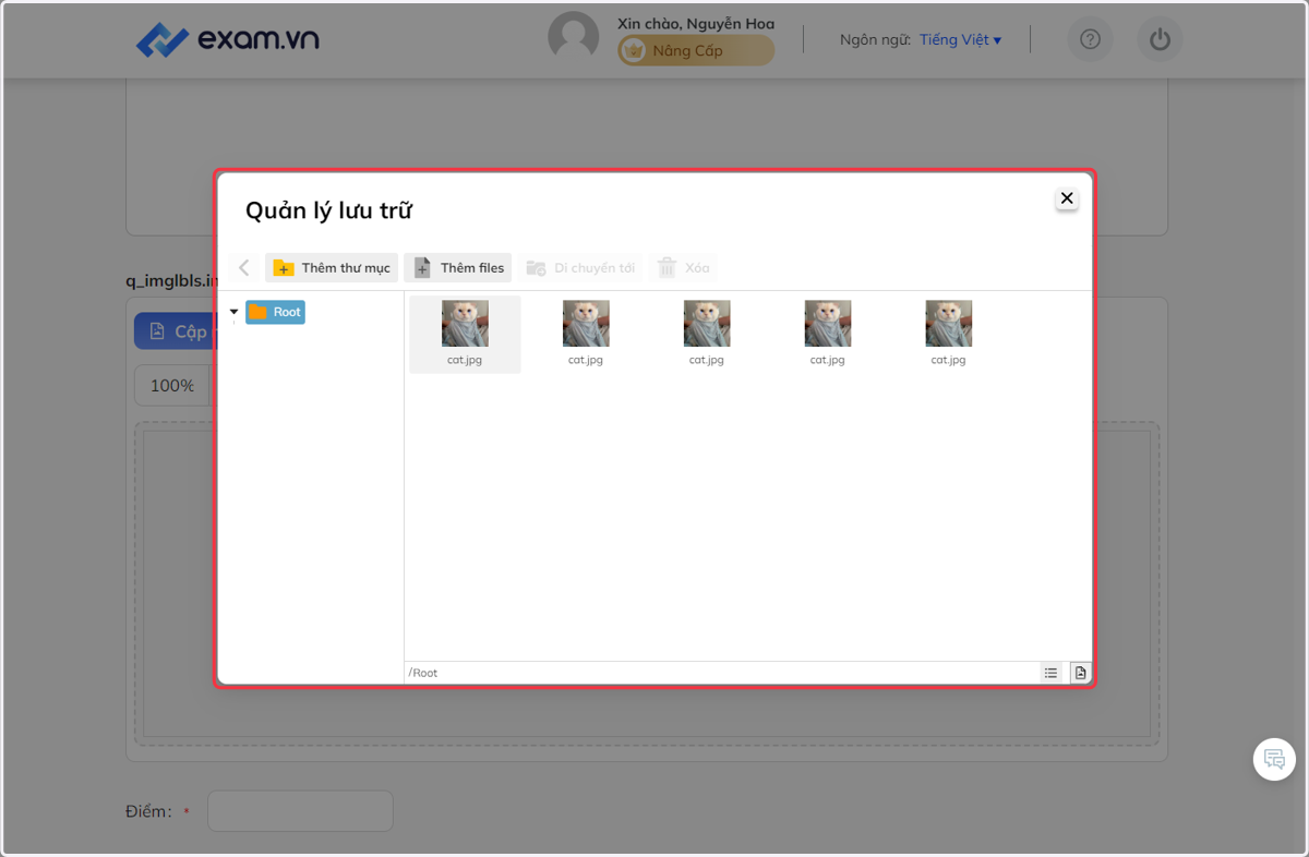 Tại "Quản lý lưu trữ" chọn "Thêm thư mục" hoặc "Thêm files" để phân loại, sắp xếp hình ảnh