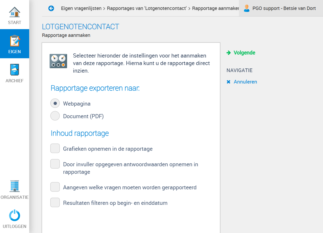 Hier kun je zelf een aantal optie's bepalen. In ons voorbeeld staat alleen webpagina aangevinkt. Klik onder INHOUD RAPPORTAGE wat je graag in je rapportage wilt zien. Klik vervolgens aan de rechterkant op volgende.