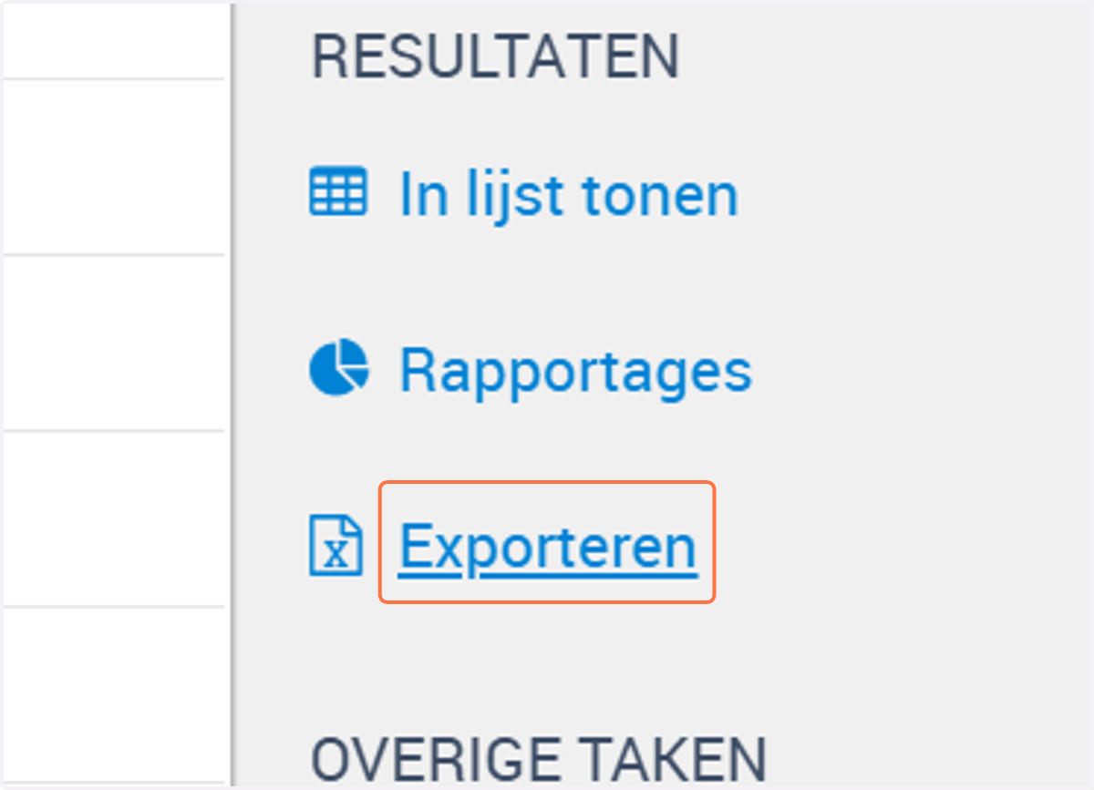 Klik aan de rechterkant onder het kopje RESULTATEN op Exporteren