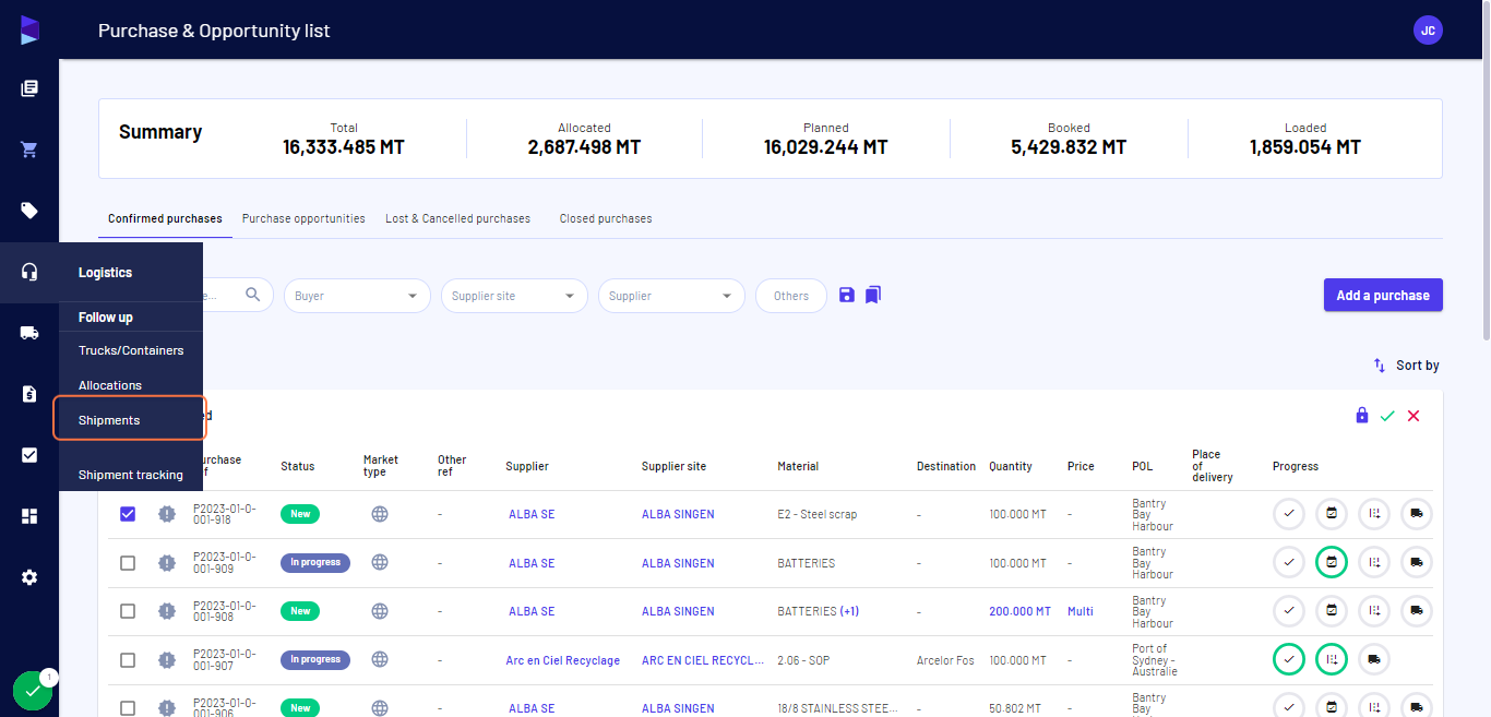 Go to the "Logistics" menu and click on "Shipments"