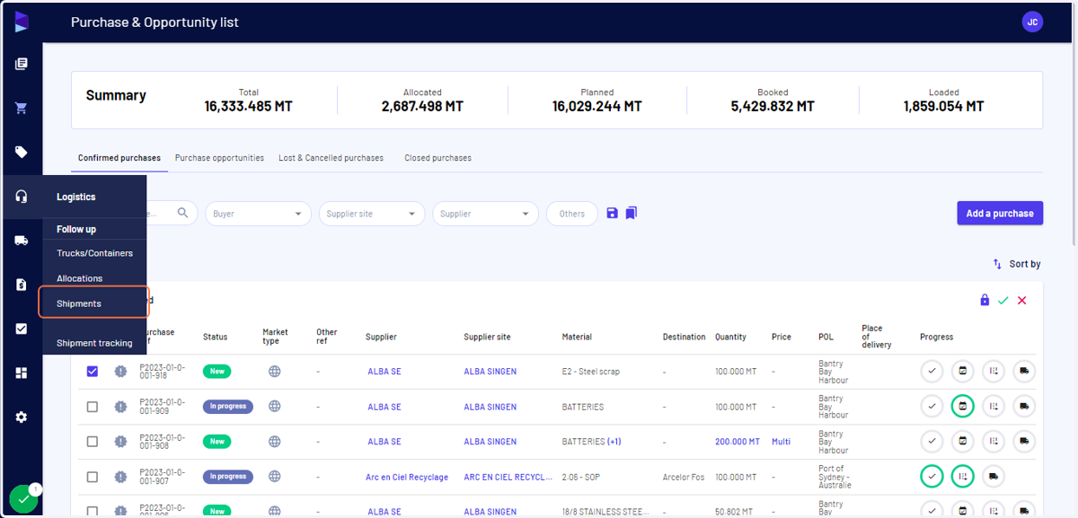 Go to the "Logistics" menu and click on "Shipments"