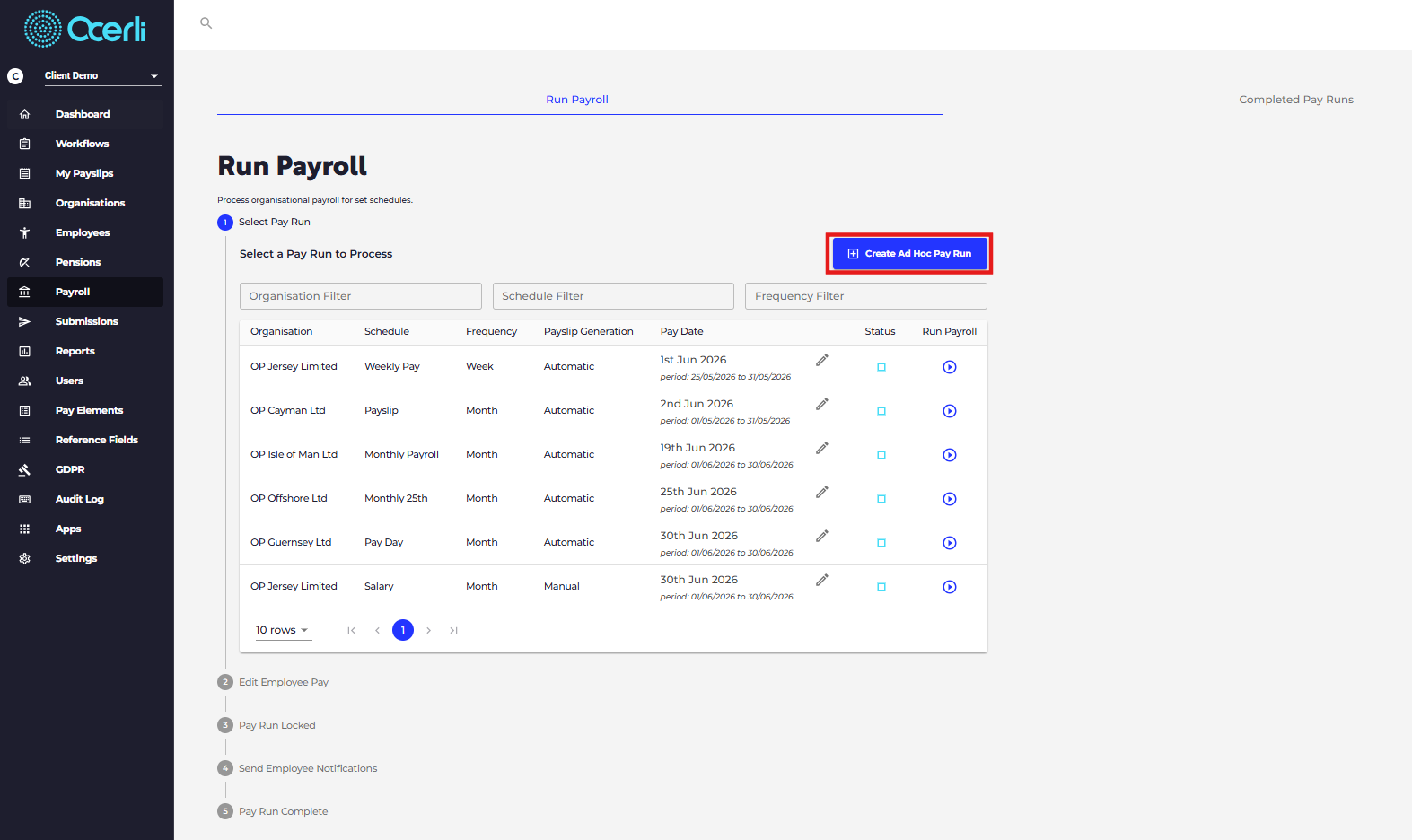Please select 'CREATE AD HOC PAY RUN'