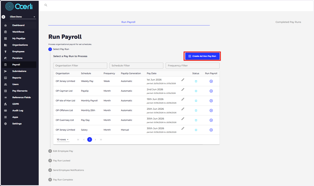 Please select 'CREATE AD HOC PAY RUN'